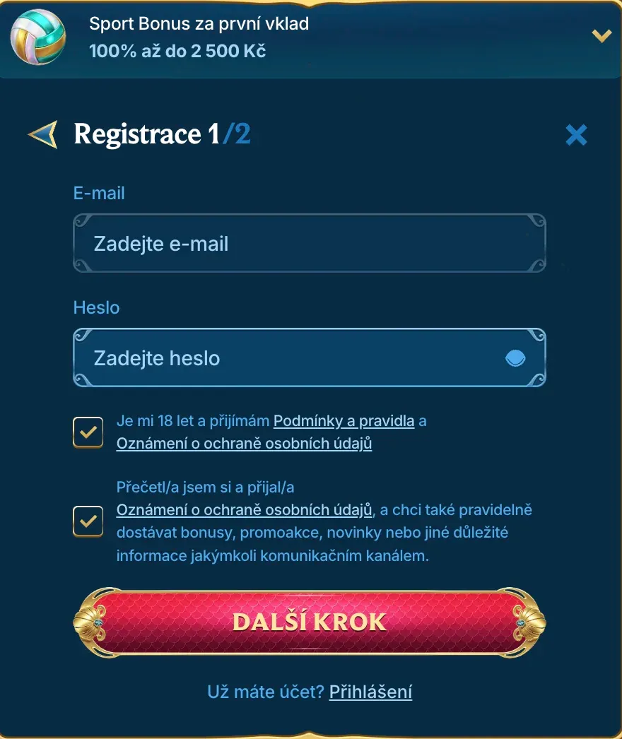 Registrační formulář v kasinu AquaSpins